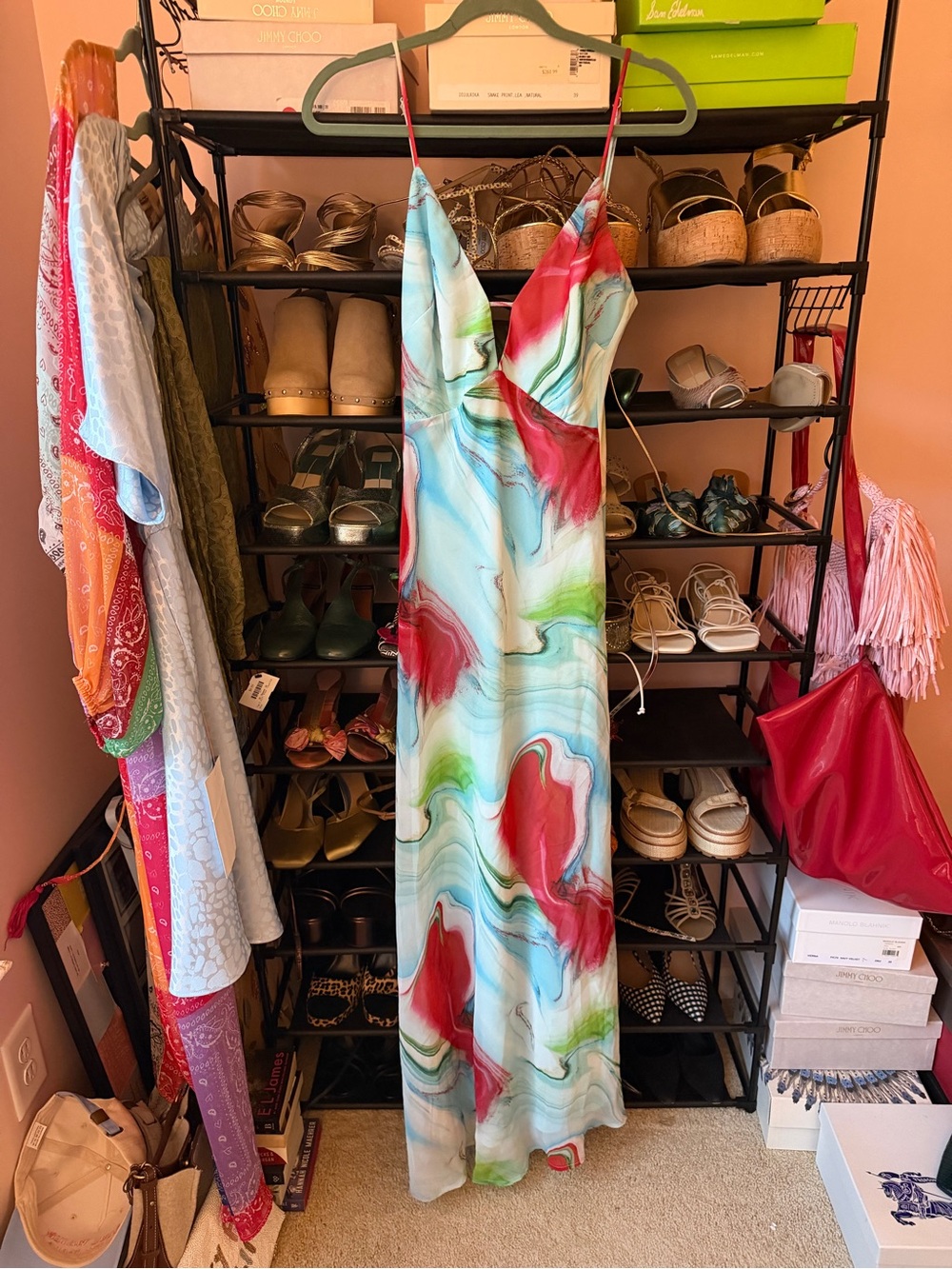 Bardot Watercolor Floral Maxi Slip Dress in Red & Aqua